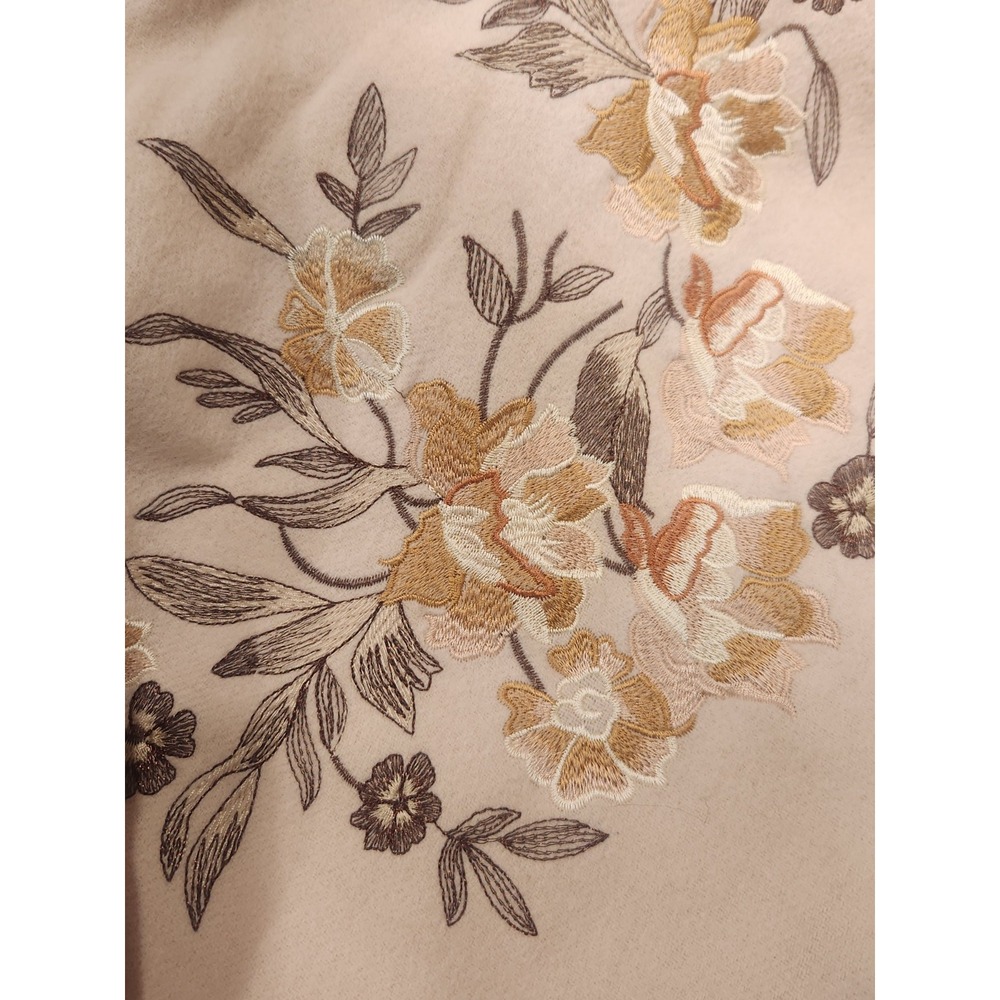 100% Wool Floral Embroidered Long Rectangle Scarf Cream Tan Oatmeal Approx 78x23 - Picture 3 of 9